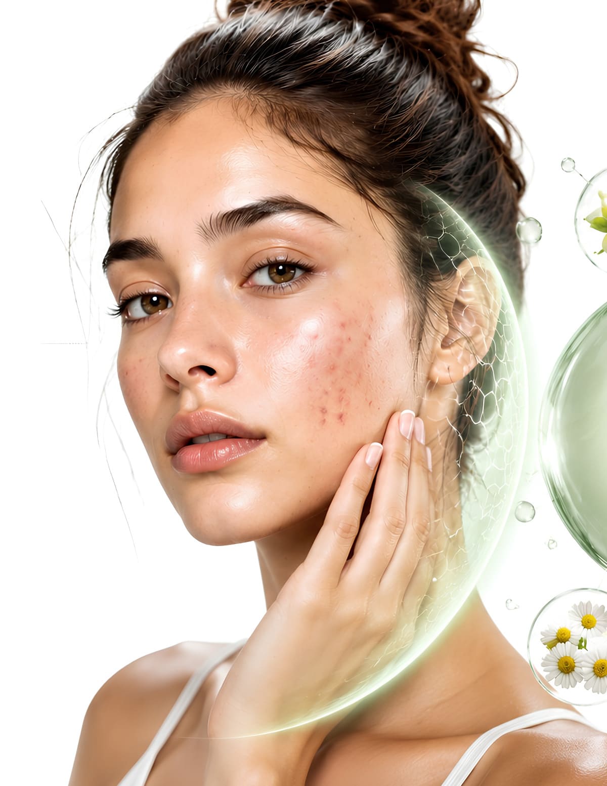 Illustration of Q-Antiacne targeting acne with botanical actives via QuanticSphere nano-delivery