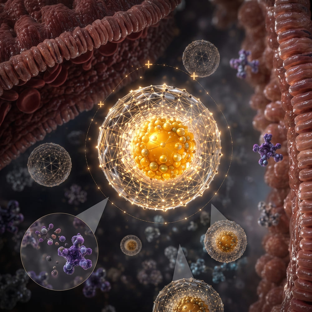 Conceptual golden PQNS vesicle illustrating protection