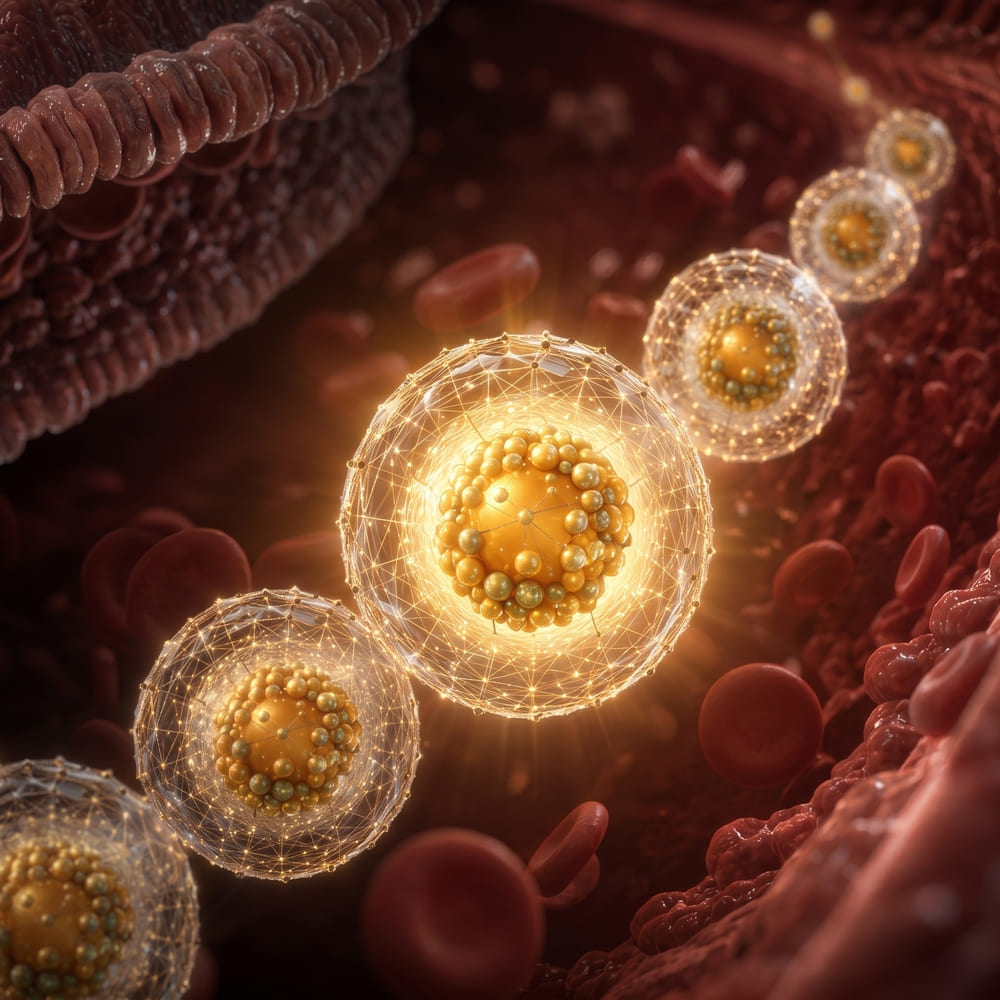 Conceptual golden PQNS vesicle illustrating transit