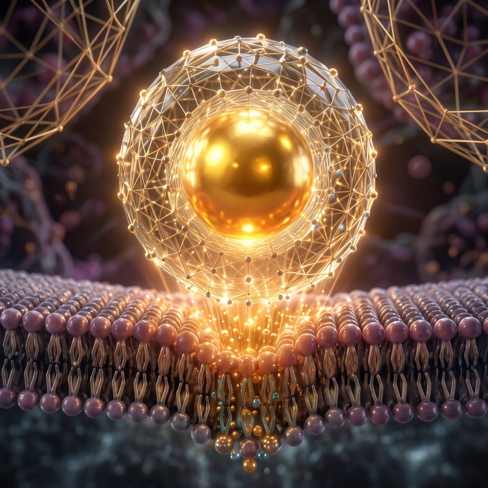 Conceptual golden PQNS vesicle illustrating membrane interaction