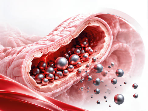 Cross-section illustration of the intestinal lumen with a large deposit of iron particles, from the Q-Erythra sales sheet