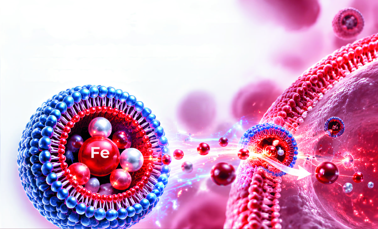 Illustration of an iron-carrying cationic phospholipid vesicle fusing with a cell membrane, from the Q-Erythra sales sheet