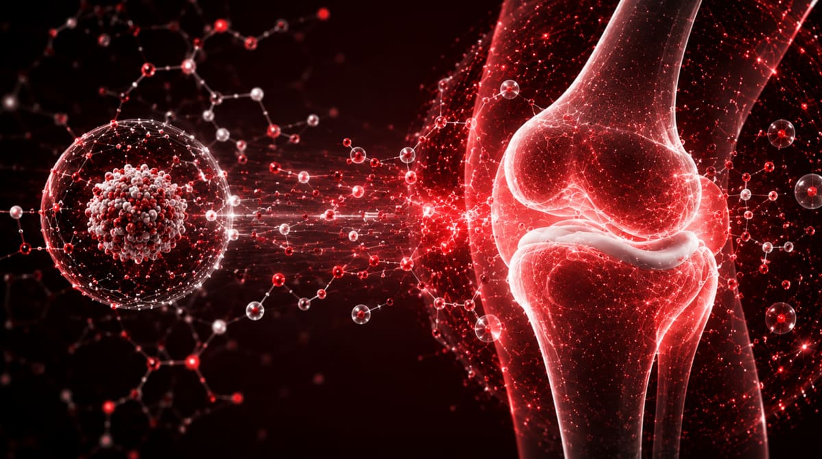 Anatomical render of a knee joint glowing red, overlaid with a molecular network, representing Q-Synovi's joint support formulation