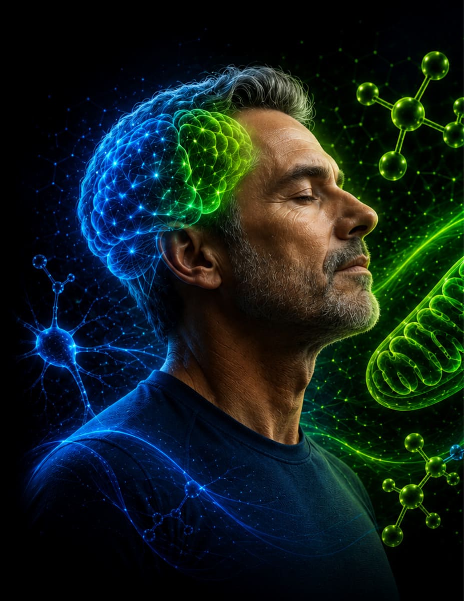 Glowing green molecular network illustration from the Q-Mitonex sales sheet, representing the QuanticSphere delivery platform