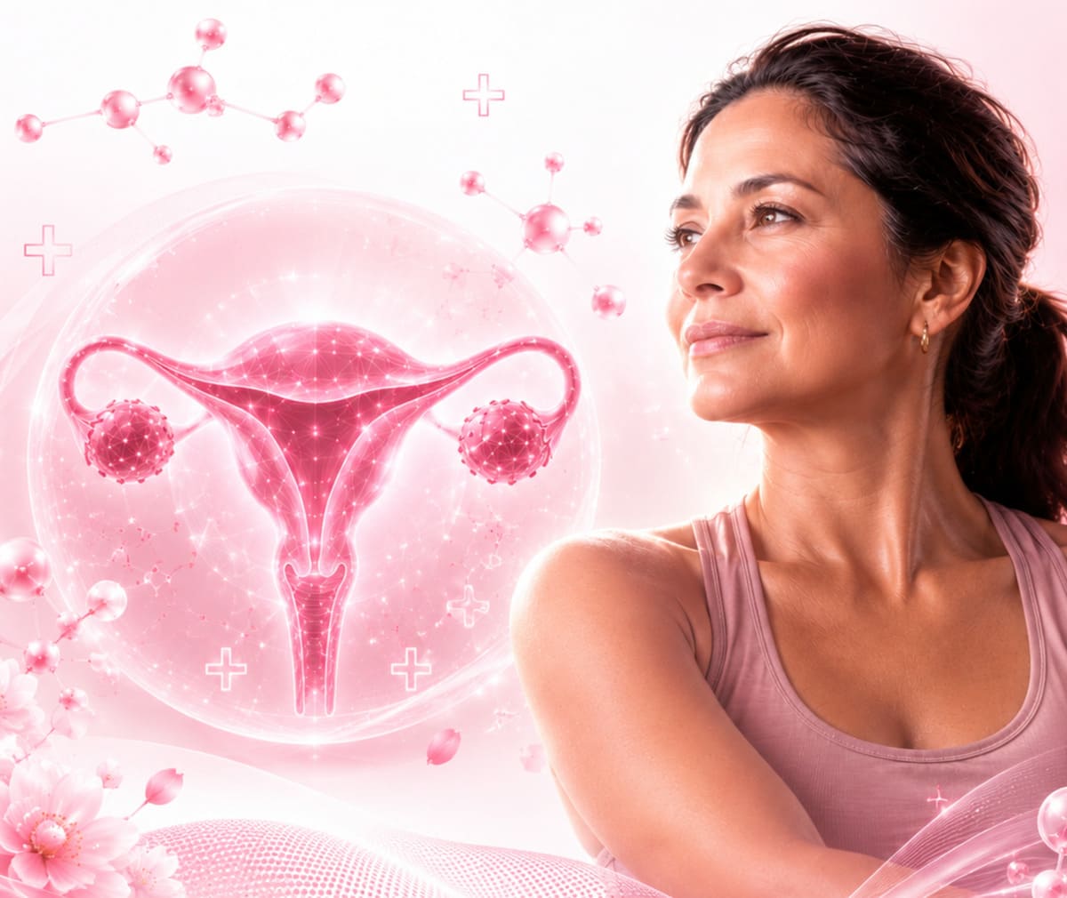 Close-up photo of a woman looking upward, from the Q-Ovarigen sales sheet