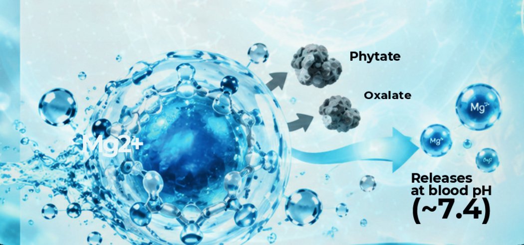 Illustration of a magnesium ion chelated inside a blue biopolymer nano-complex sphere, releasing near phytate and oxalate antagonist particles, from the Q-Magnex sales sheet
