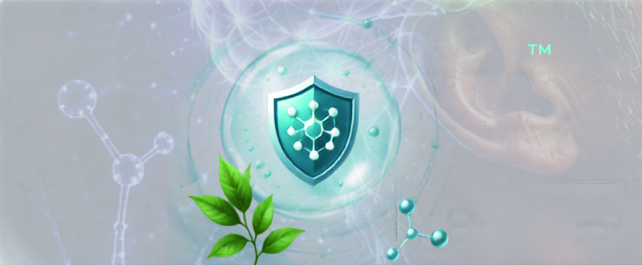 Illustration of an antioxidant shield with a molecule motif inside a teal sphere with leaves, representing MITONEX-S