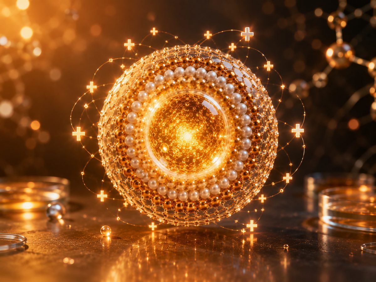 Conceptual illustration of a PQNS delivery vesicle with phospholipid layers and an inner compartment