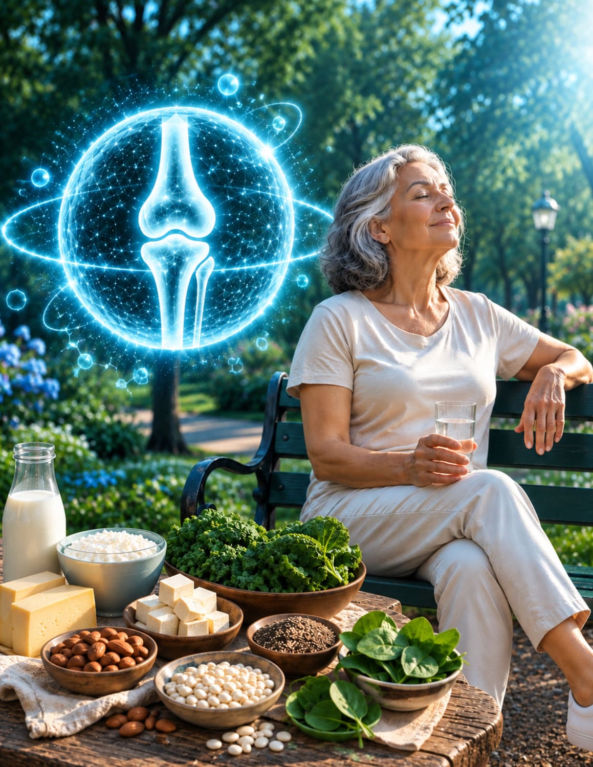 Active older woman relaxing on a park bench beside calcium-rich foods, with a glowing knee-joint icon